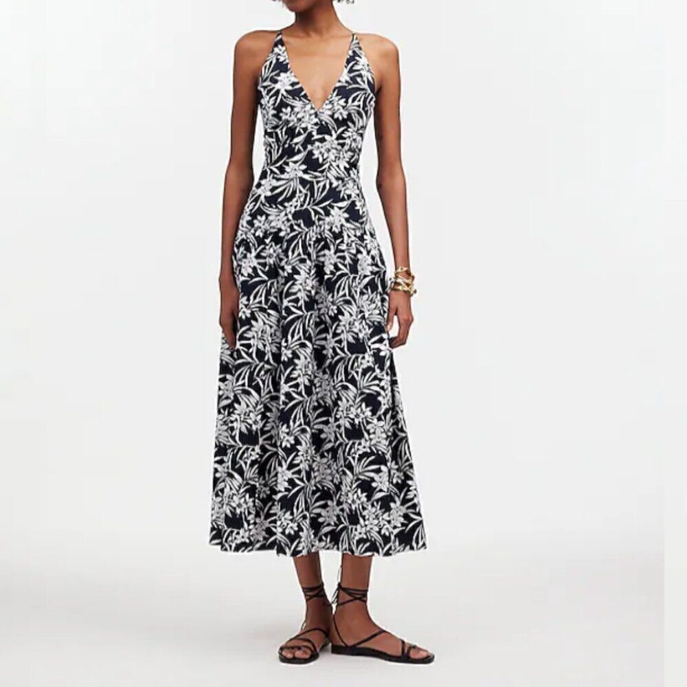 Madewell Smocked Halter Midi Dress in Poplin Deep indigo and white floral NWT